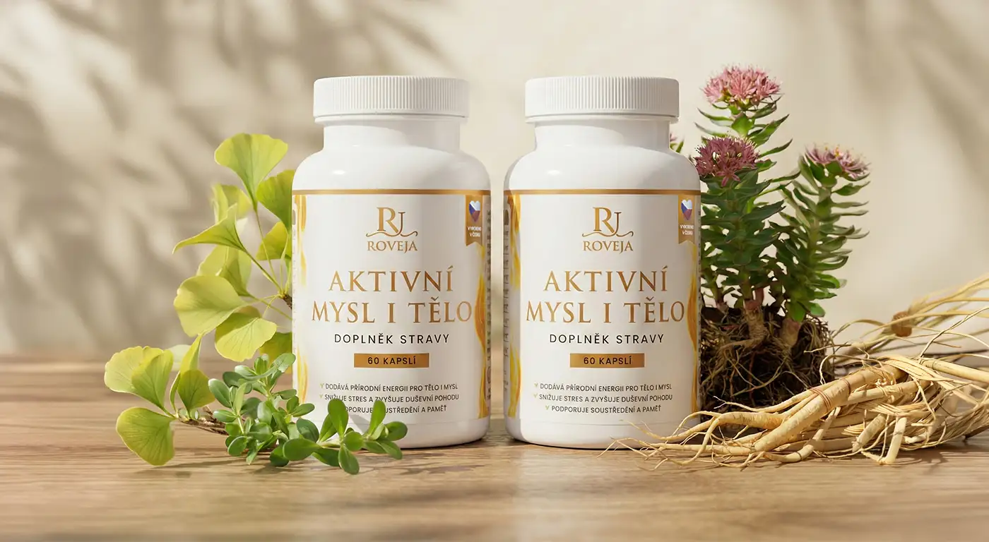 Roveja Aktivní mysl i tělo – výhodné dvouměsíční balení doplňku stravy s přírodními složkami Ashwagandha, Bacopa Monnieri, Ginkgo biloba, Rozchodnice růžová a Ženšen pravý